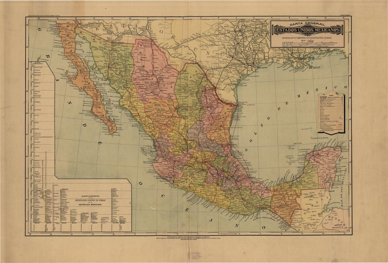 Mapa histórico de México elaborado durante la década de 1880